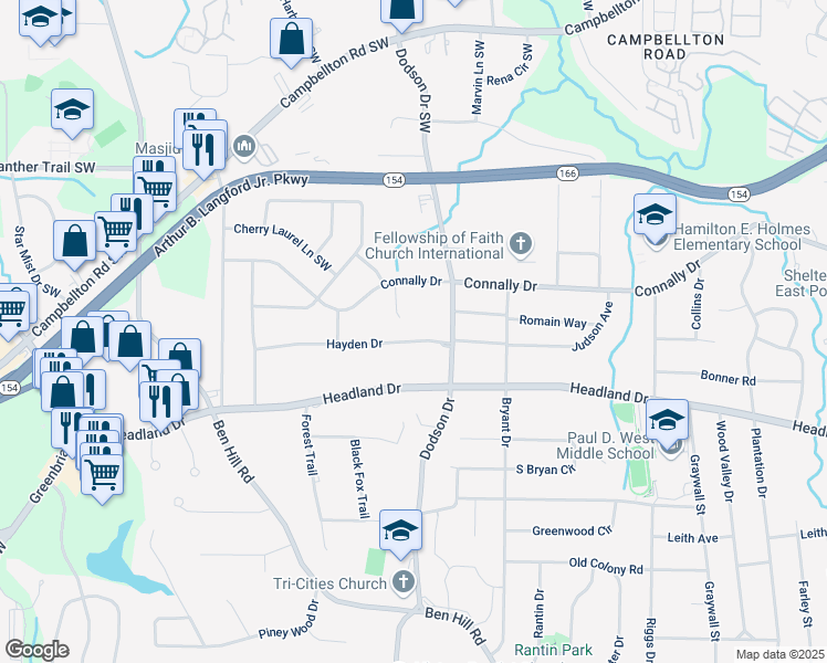 map of restaurants, bars, coffee shops, grocery stores, and more near 2655 Hayden Drive in East Point
