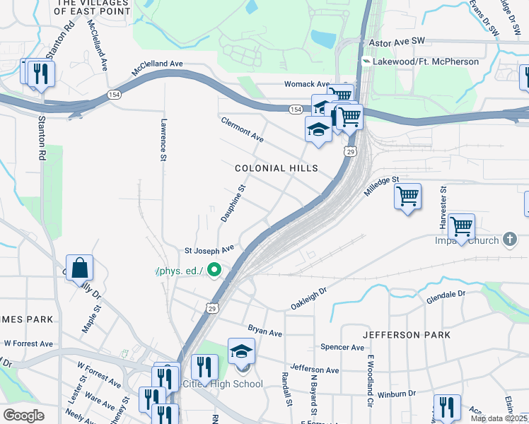 map of restaurants, bars, coffee shops, grocery stores, and more near 2271 Newnan Street in Atlanta