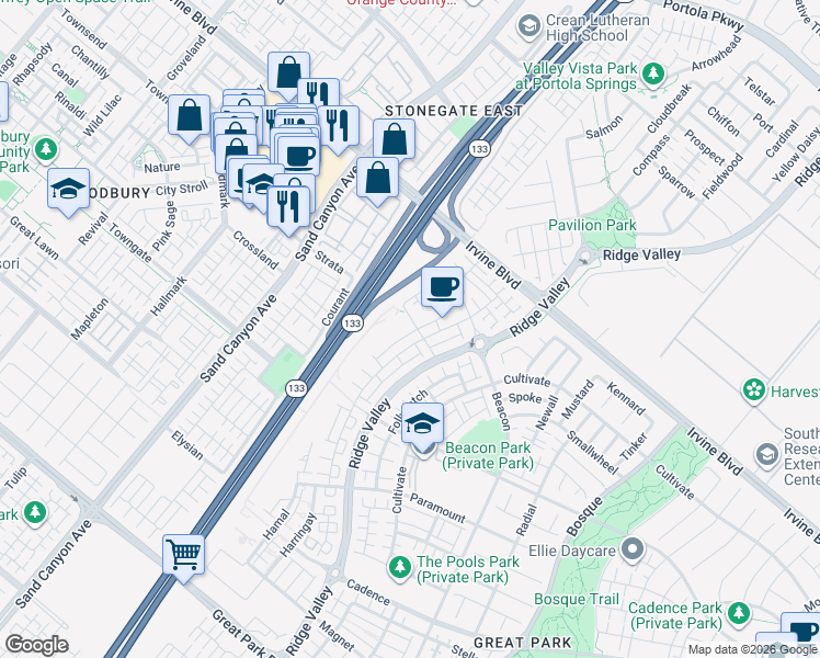 map of restaurants, bars, coffee shops, grocery stores, and more near 331 Novel in Irvine