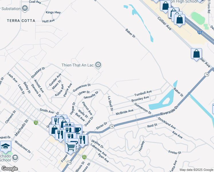 map of restaurants, bars, coffee shops, grocery stores, and more near 17116 Gunnerson Street in Lake Elsinore