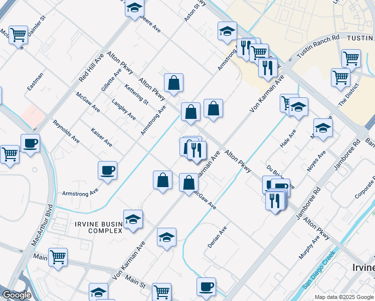 map of restaurants, bars, coffee shops, grocery stores, and more near 249 Steely in Irvine