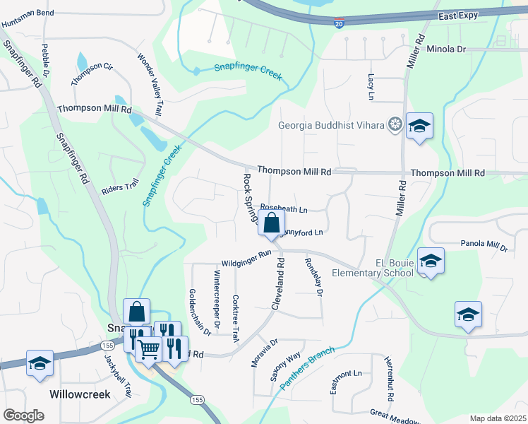 map of restaurants, bars, coffee shops, grocery stores, and more near 3210 Roseheath Lane in Stonecrest