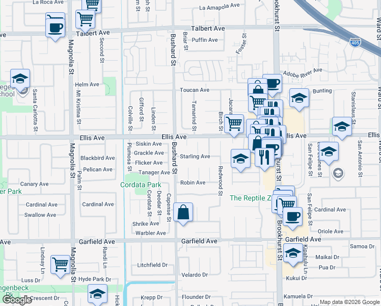 map of restaurants, bars, coffee shops, grocery stores, and more near 9575 Starling Avenue in Fountain Valley
