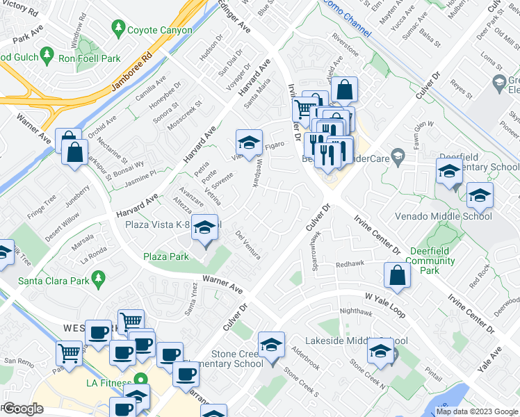 map of restaurants, bars, coffee shops, grocery stores, and more near 16 Cipriani in Irvine
