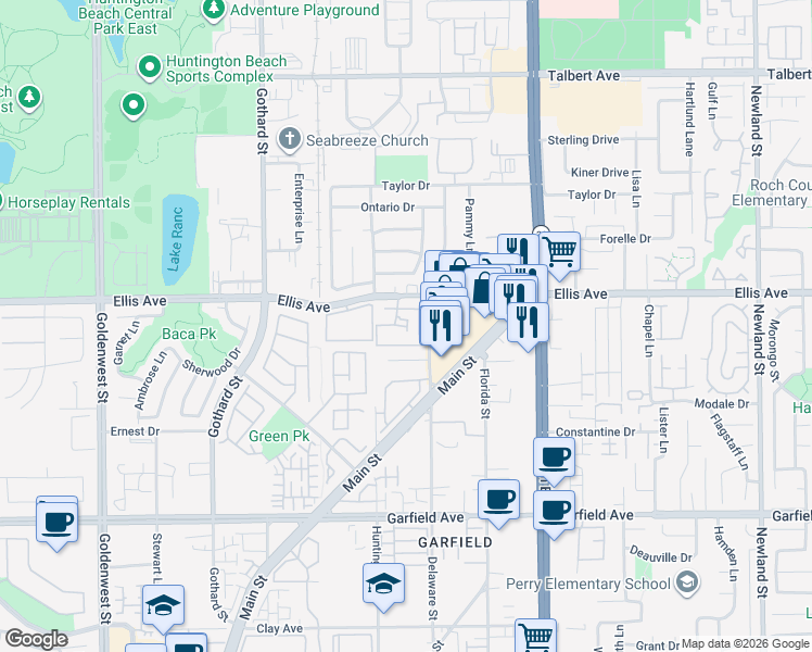 map of restaurants, bars, coffee shops, grocery stores, and more near 7671 Rapids Drive in Huntington Beach