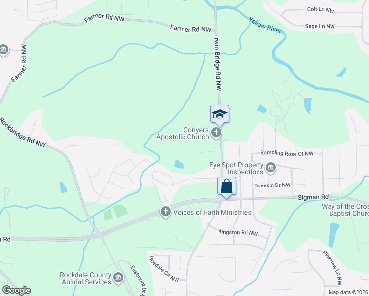 map of restaurants, bars, coffee shops, grocery stores, and more near 1870 Irwin Bridge Road Northwest in Conyers