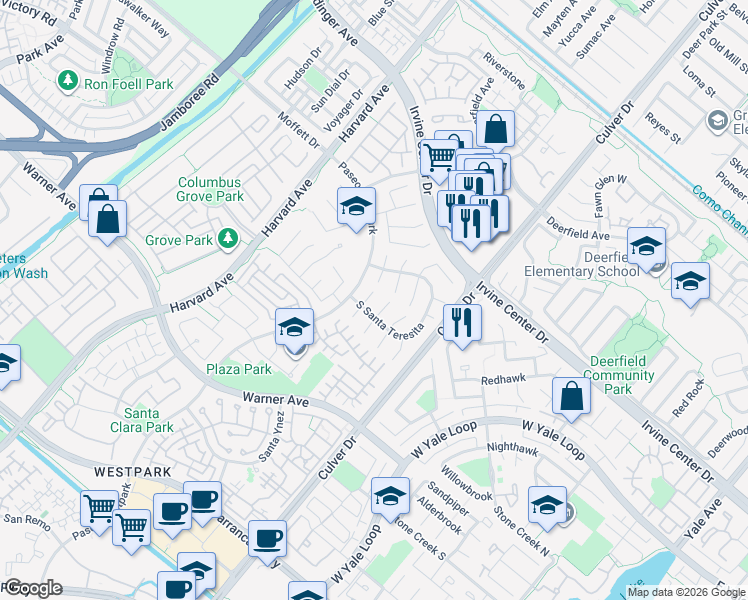 map of restaurants, bars, coffee shops, grocery stores, and more near 16 Cipriani in Irvine