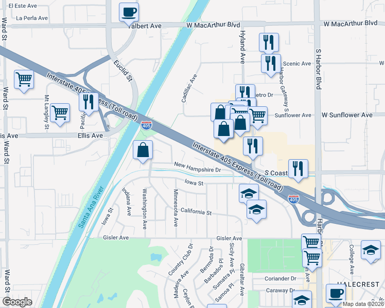 map of restaurants, bars, coffee shops, grocery stores, and more near 3338 Maryland Circle in Costa Mesa
