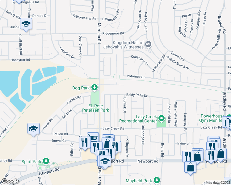 map of restaurants, bars, coffee shops, grocery stores, and more near 26136 Baldy Peak Drive in Menifee