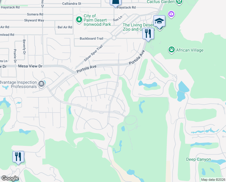 map of restaurants, bars, coffee shops, grocery stores, and more near 48915 Mariposa Drive in Palm Desert