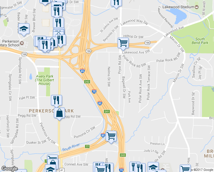 map of restaurants, bars, coffee shops, grocery stores, and more near 2253 Nelms Drive Southwest in Atlanta