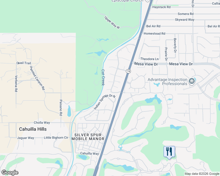 map of restaurants, bars, coffee shops, grocery stores, and more near 72314 Blueridge Court in Palm Desert