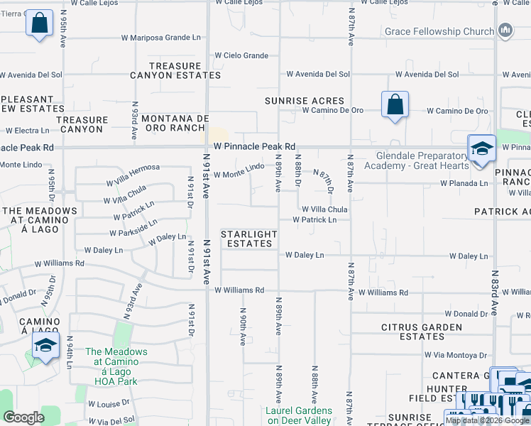 map of restaurants, bars, coffee shops, grocery stores, and more near 8901 West Villa Chula in Peoria