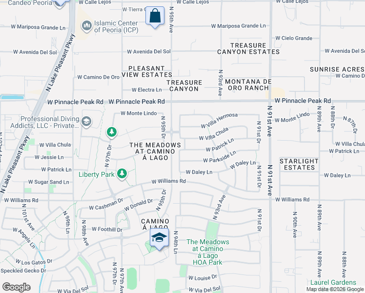 map of restaurants, bars, coffee shops, grocery stores, and more near 9456 West Patrick Lane in Peoria