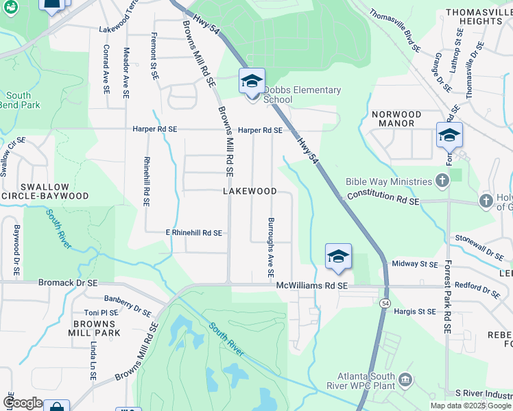 map of restaurants, bars, coffee shops, grocery stores, and more near 2242 Jernigan Drive Southeast in Atlanta