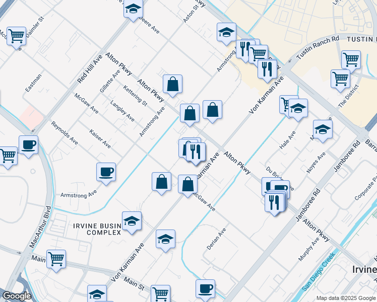 map of restaurants, bars, coffee shops, grocery stores, and more near 243 Steely in Irvine
