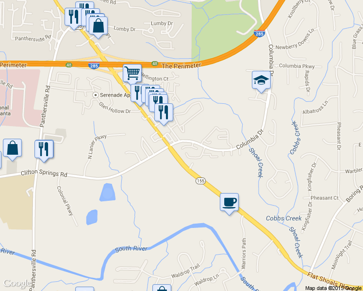 map of restaurants, bars, coffee shops, grocery stores, and more near 3176 Quincetree Lane in Decatur