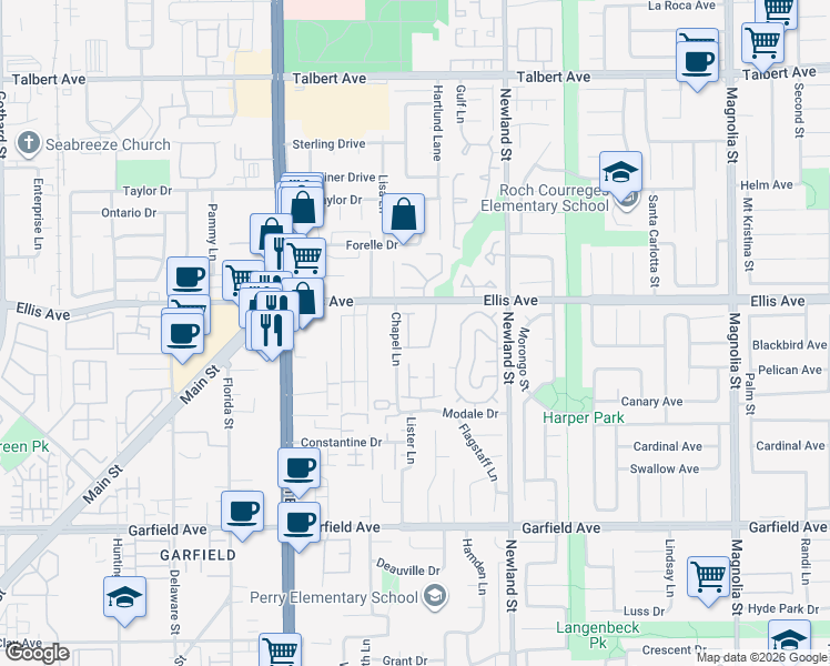 map of restaurants, bars, coffee shops, grocery stores, and more near 18566 Pueblo Circle in Huntington Beach