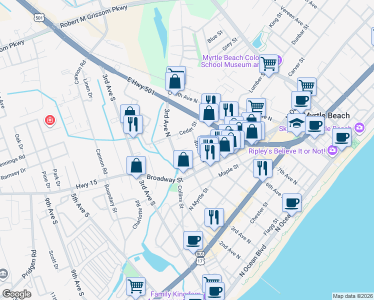 map of restaurants, bars, coffee shops, grocery stores, and more near 904 3rd Avenue North in Myrtle Beach