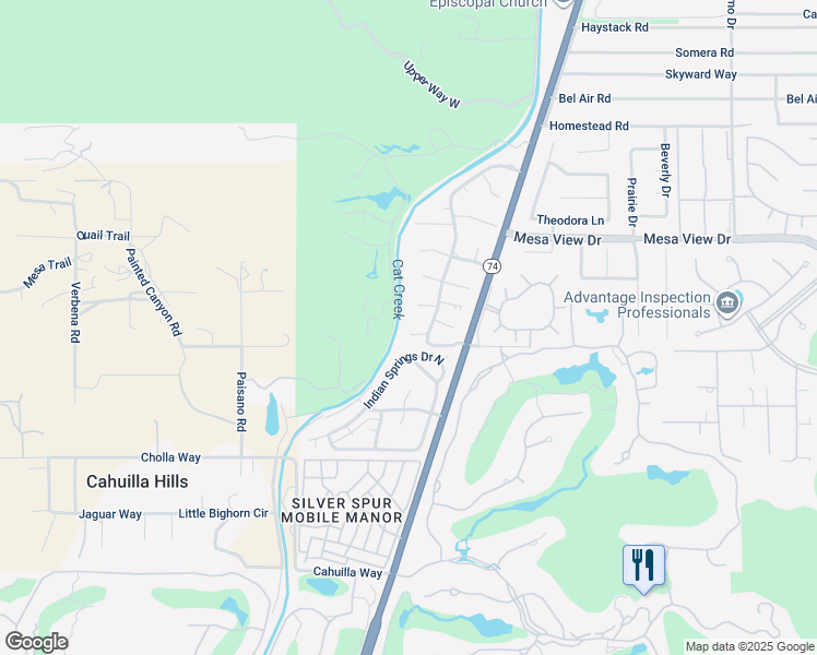 map of restaurants, bars, coffee shops, grocery stores, and more near 72302 Blueridge Court in Palm Desert