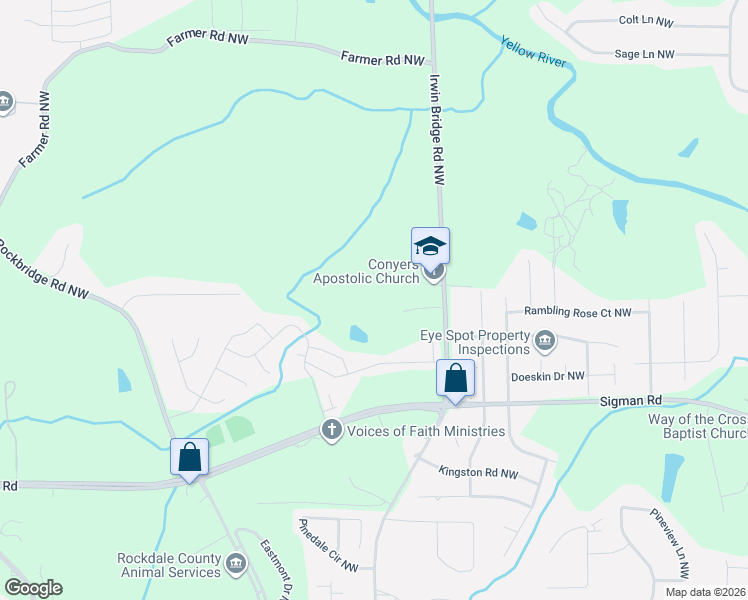 map of restaurants, bars, coffee shops, grocery stores, and more near 1870 Irwin Bridge Rd NW in Conyers