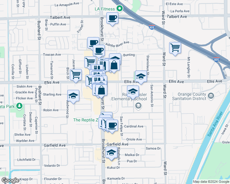 map of restaurants, bars, coffee shops, grocery stores, and more near 18569 San Marcos Street in Fountain Valley