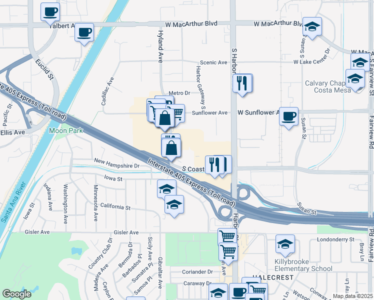 map of restaurants, bars, coffee shops, grocery stores, and more near 3300 Hyland Avenue in Costa Mesa