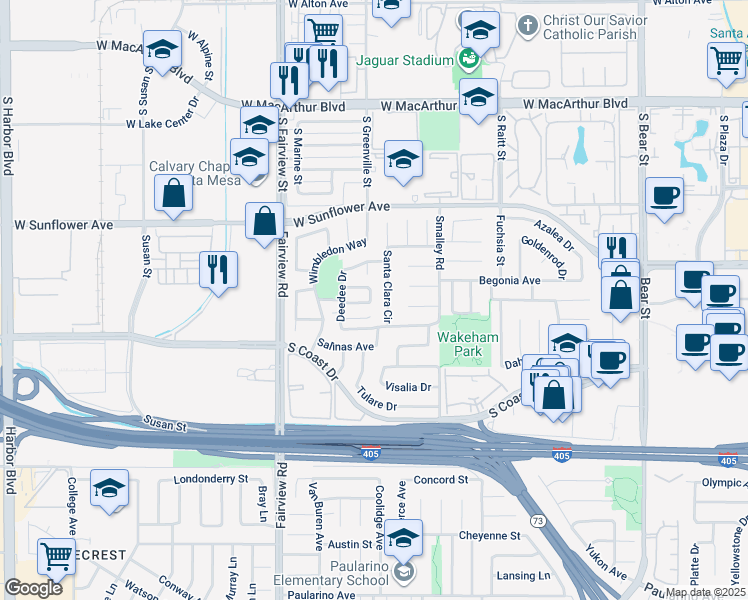 map of restaurants, bars, coffee shops, grocery stores, and more near 1097 Danielle Drive in Costa Mesa