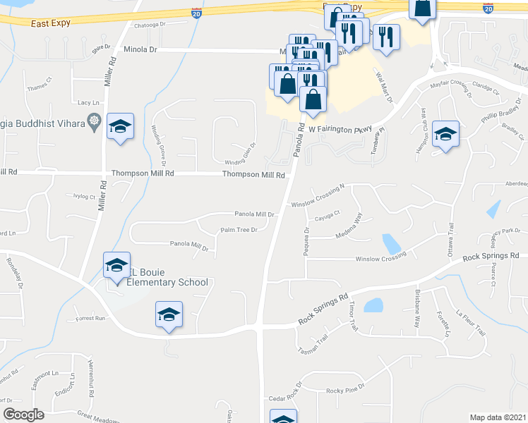 map of restaurants, bars, coffee shops, grocery stores, and more near 5242 Panola Mill Drive in Stonecrest