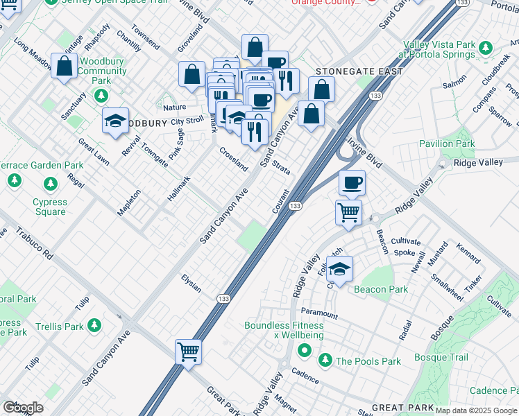 map of restaurants, bars, coffee shops, grocery stores, and more near 42 Bijou in Irvine