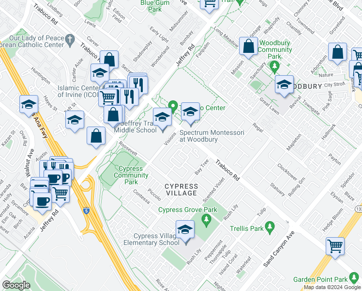 map of restaurants, bars, coffee shops, grocery stores, and more near 1228 Grand Canal in Irvine