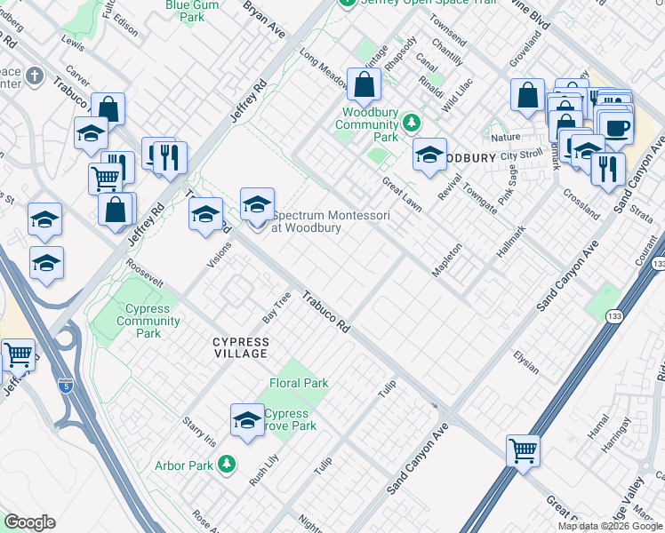 map of restaurants, bars, coffee shops, grocery stores, and more near 30 Waterspout in Irvine