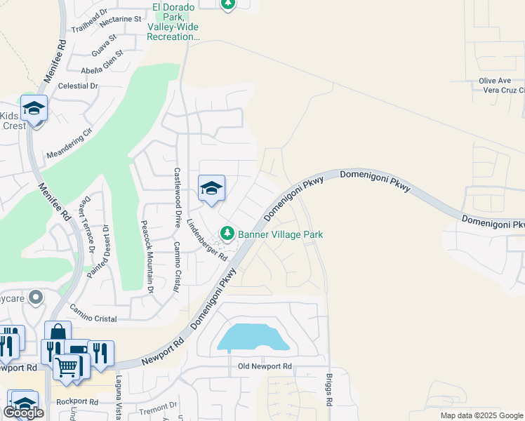 map of restaurants, bars, coffee shops, grocery stores, and more near Domenigoni Parkway in Menifee