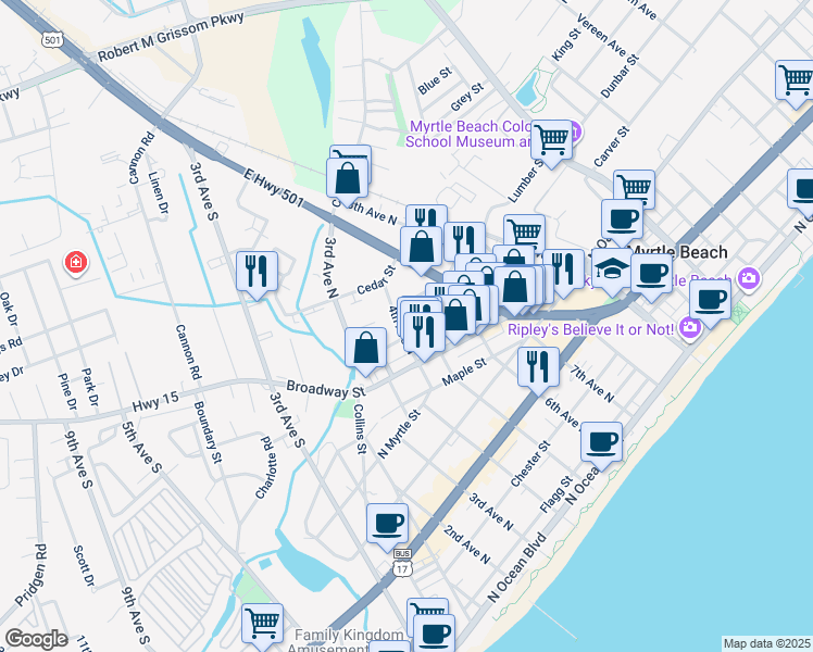 map of restaurants, bars, coffee shops, grocery stores, and more near 401 Alder Street in Myrtle Beach