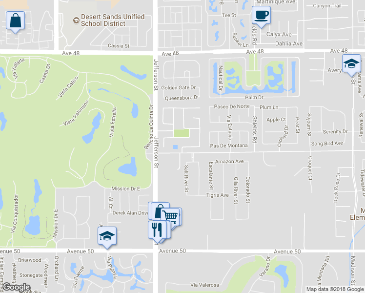 map of restaurants, bars, coffee shops, grocery stores, and more near 80150 Malaga Gate in Indio