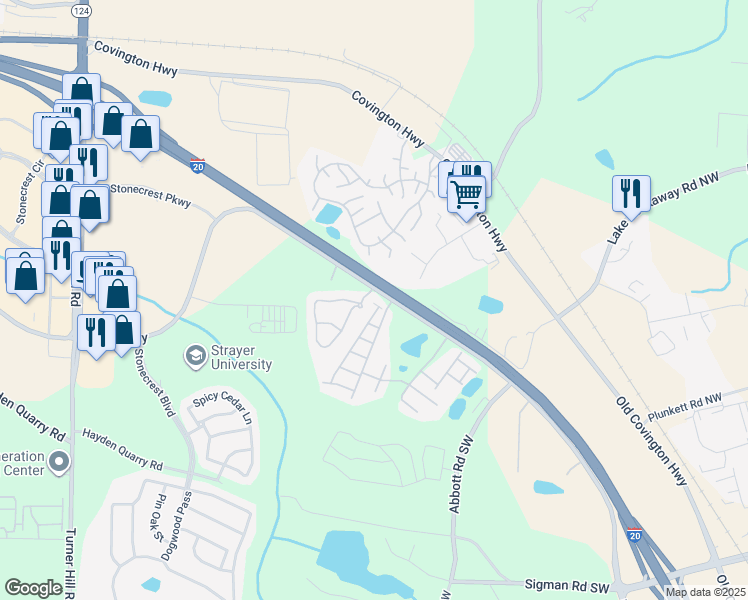 map of restaurants, bars, coffee shops, grocery stores, and more near 3183 Garden Glade Lane in Stonecrest