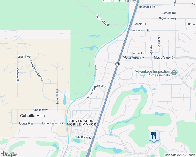 map of restaurants, bars, coffee shops, grocery stores, and more near 72314 Blueridge Court in Palm Desert