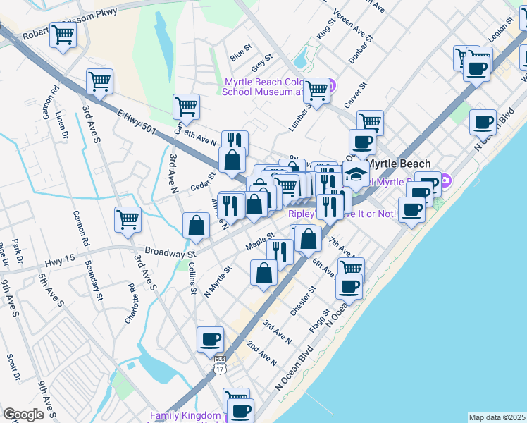 map of restaurants, bars, coffee shops, grocery stores, and more near 605 Broadway Street in Myrtle Beach