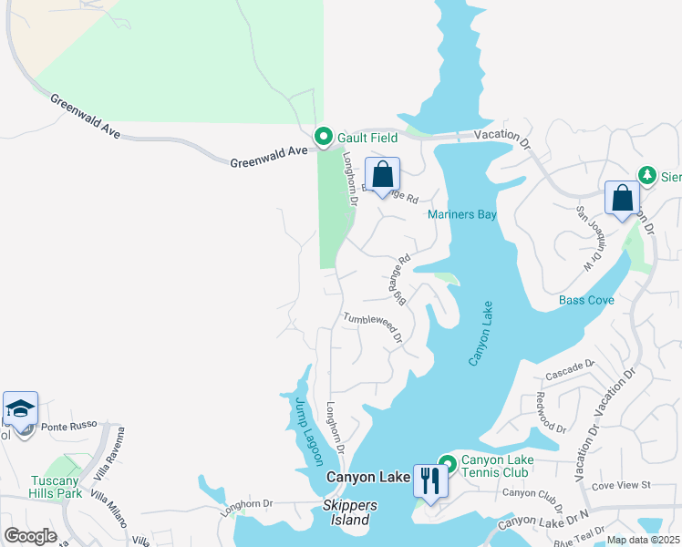 map of restaurants, bars, coffee shops, grocery stores, and more near 29418 Longhorn Drive in Canyon Lake