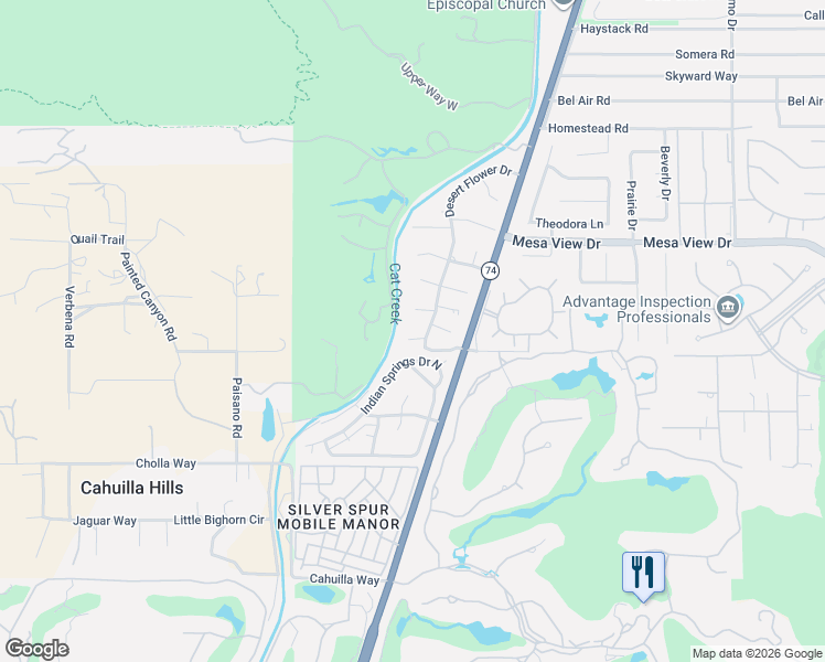 map of restaurants, bars, coffee shops, grocery stores, and more near 72308 Blueridge Court in Palm Desert