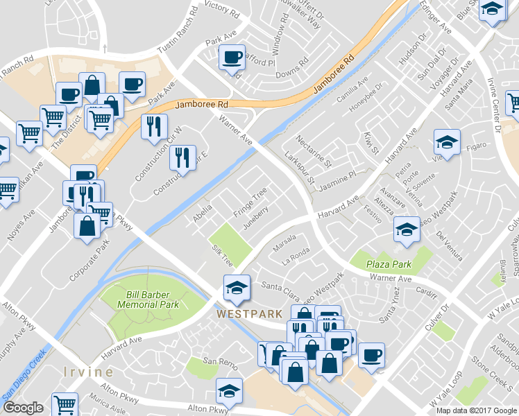 map of restaurants, bars, coffee shops, grocery stores, and more near 51 Carter Court in Irvine