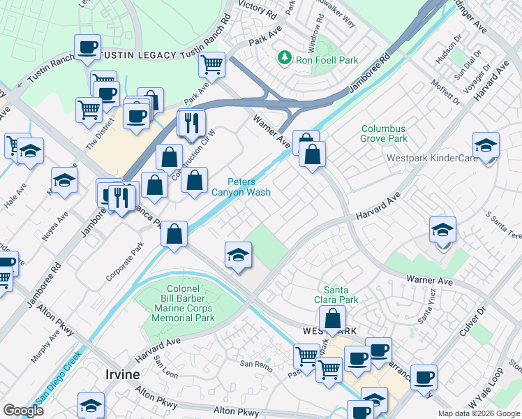 map of restaurants, bars, coffee shops, grocery stores, and more near 22 Daphne in Irvine