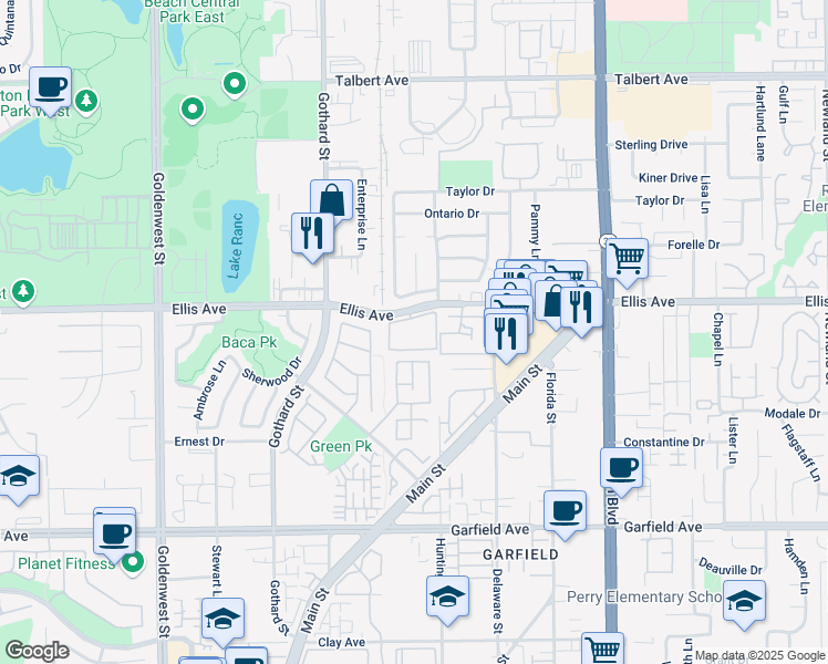 map of restaurants, bars, coffee shops, grocery stores, and more near 7562 Ellis Avenue in Huntington Beach