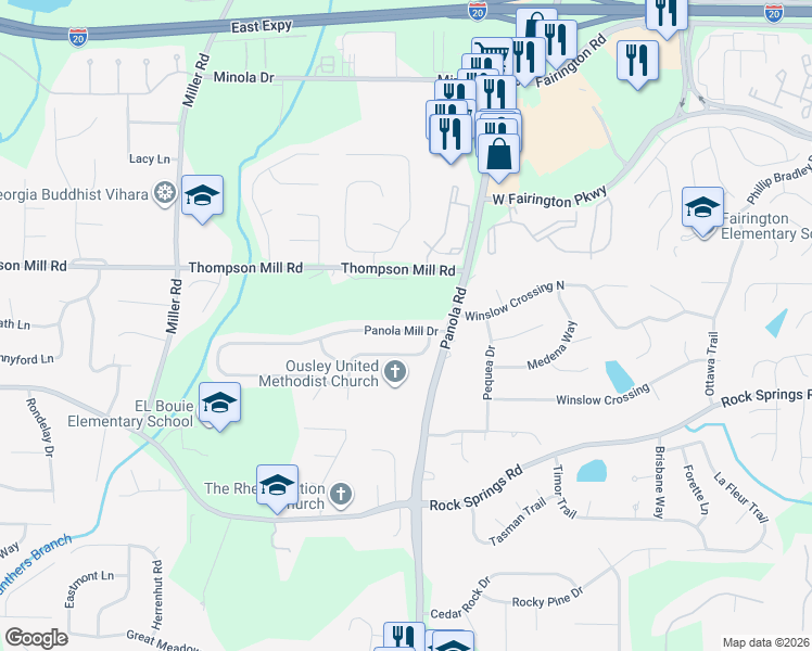 map of restaurants, bars, coffee shops, grocery stores, and more near 5242 Panola Mill Drive in Stonecrest