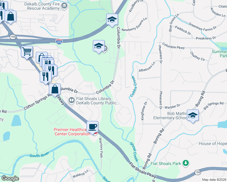 map of restaurants, bars, coffee shops, grocery stores, and more near 3146 Springside Crossing in Decatur