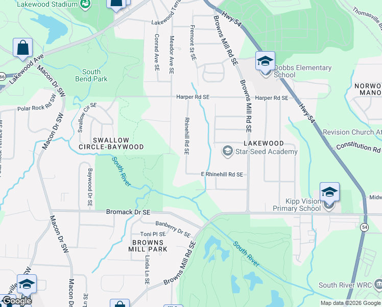 map of restaurants, bars, coffee shops, grocery stores, and more near 2246 Rhinehill Road Southeast in Atlanta