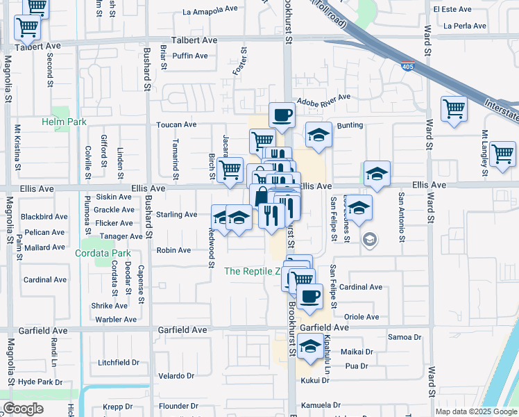 map of restaurants, bars, coffee shops, grocery stores, and more near 18597 Brookhurst Street in Fountain Valley