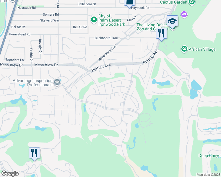 map of restaurants, bars, coffee shops, grocery stores, and more near 48873 Owl Lane in Palm Desert