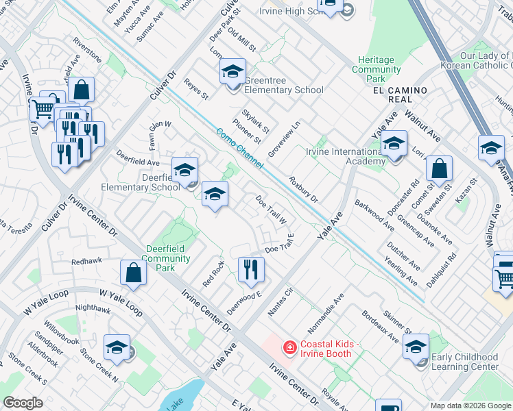 map of restaurants, bars, coffee shops, grocery stores, and more near 7 Cattail in Irvine