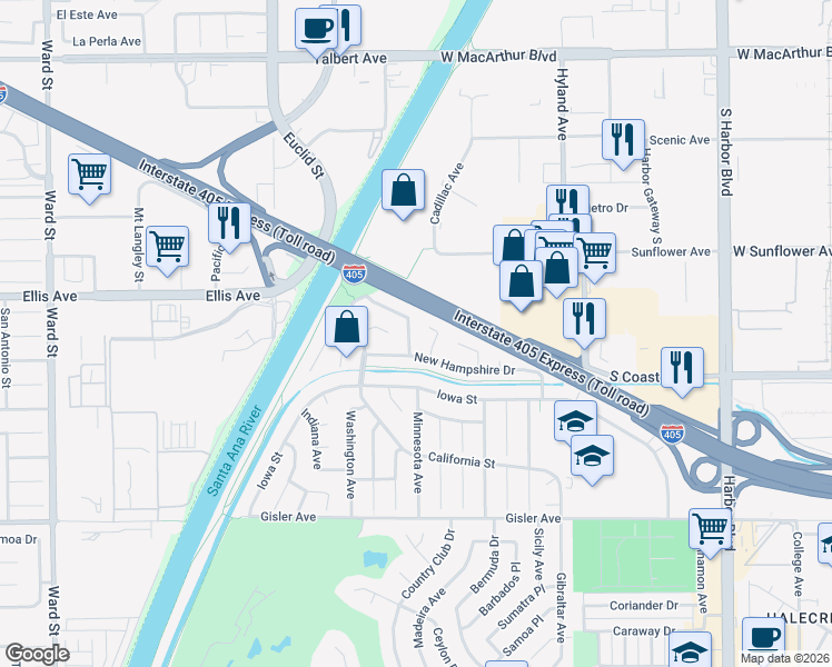 map of restaurants, bars, coffee shops, grocery stores, and more near 3332 Nevada Avenue in Costa Mesa